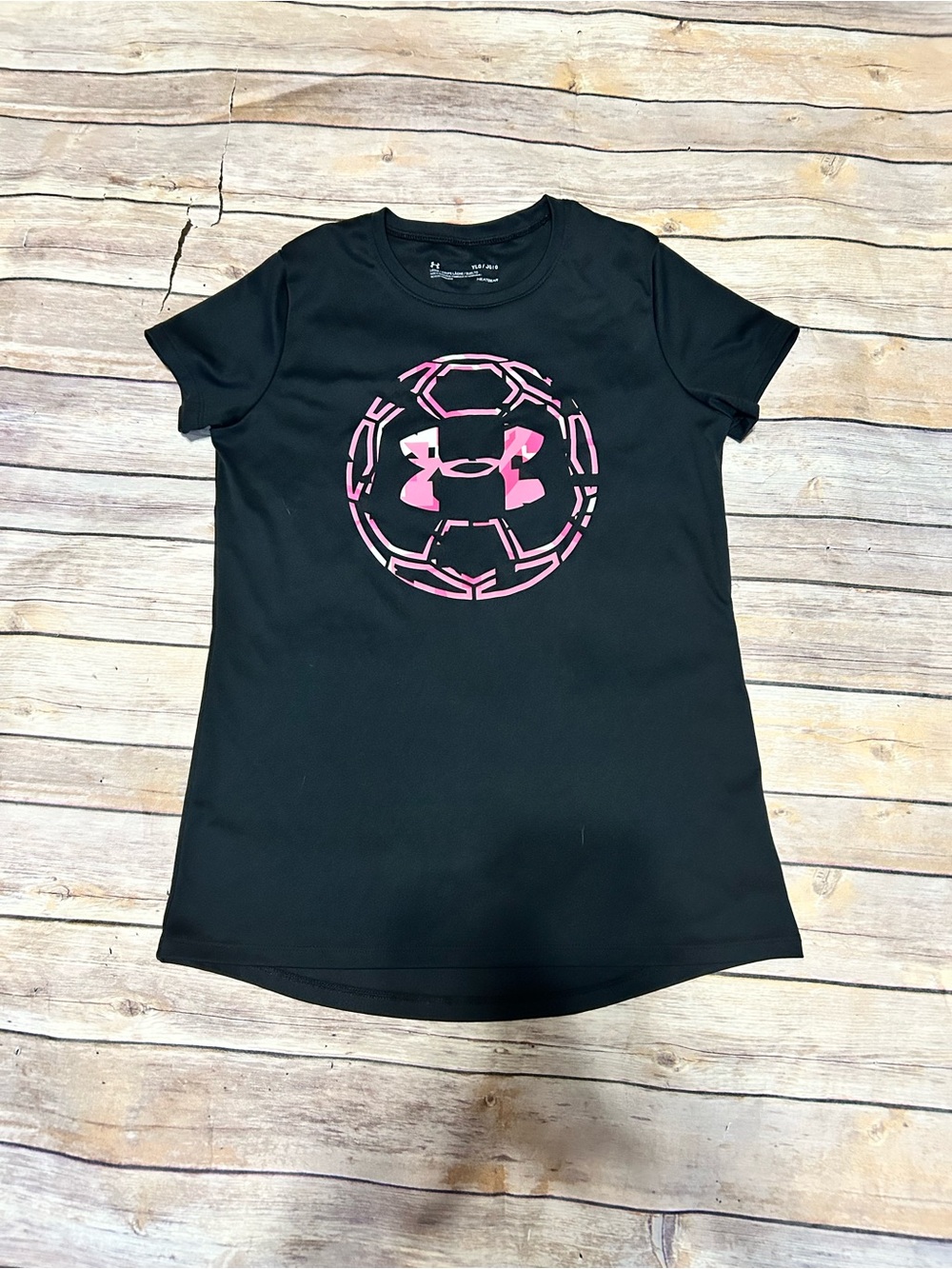 Under Armour Girls' Black Short Sleeve Logo Tee with Pink Soccer Ball Detail